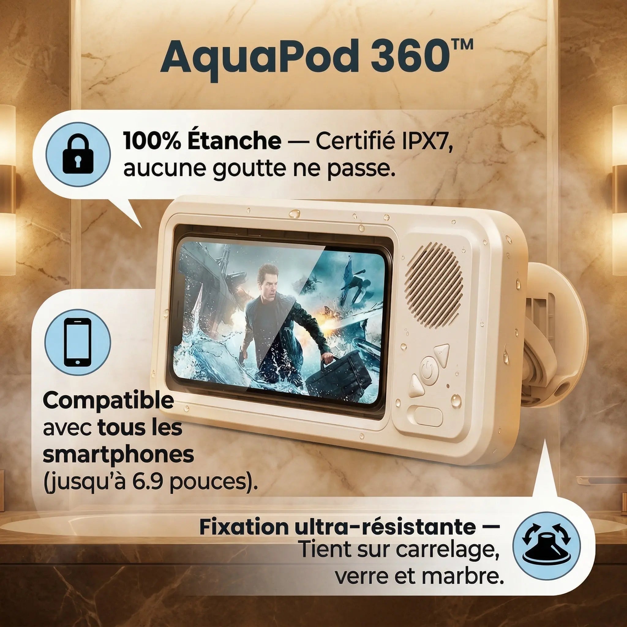 Fiche produit AquaPod 360 : enceinte Bluetooth étanche IPX7, compatible tous smartphones jusqu'à 6,9 pouces, fixation ventouse ultra-résistante sur carrelage, verre et marbre, rotation 360°