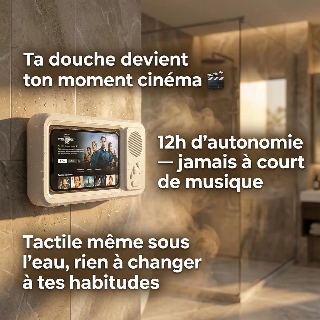 AquaPod 360 fixé au mur d'une douche en marbre, enceinte Bluetooth étanche avec support smartphone intégré affichant Netflix, texte : "Ta douche devient ton moment cinéma – 12h d'autonomie – Tactile même sous l'eau"