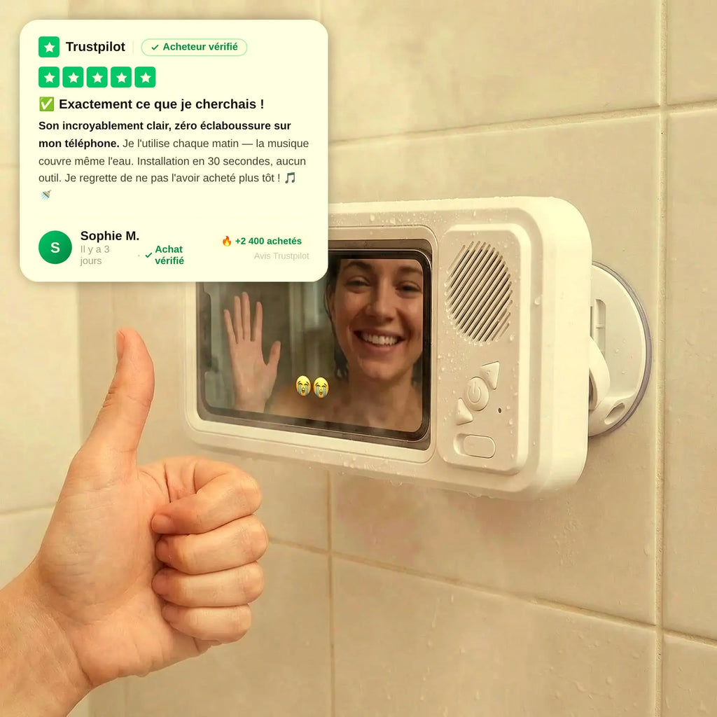 Avis client Trustpilot 5 étoiles sur l'AquaPod 360 avec femme souriante visible à travers le support étanche, pouce levé, +2 400 acheteurs satisfaits