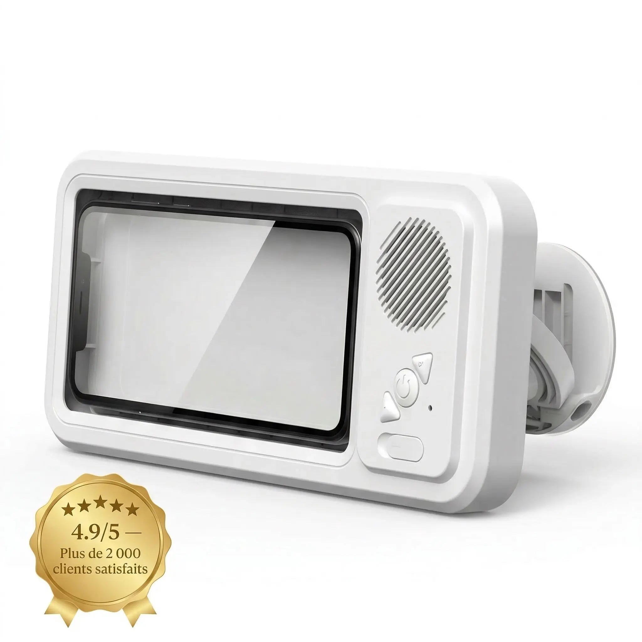 Photo produit fond blanc de l'AquaPod 360, enceinte Bluetooth étanche waterproof avec support smartphone intégré, tactile sous l'eau, rotation 360°, note 4,9/5 sur plus de 2 000 avis clients