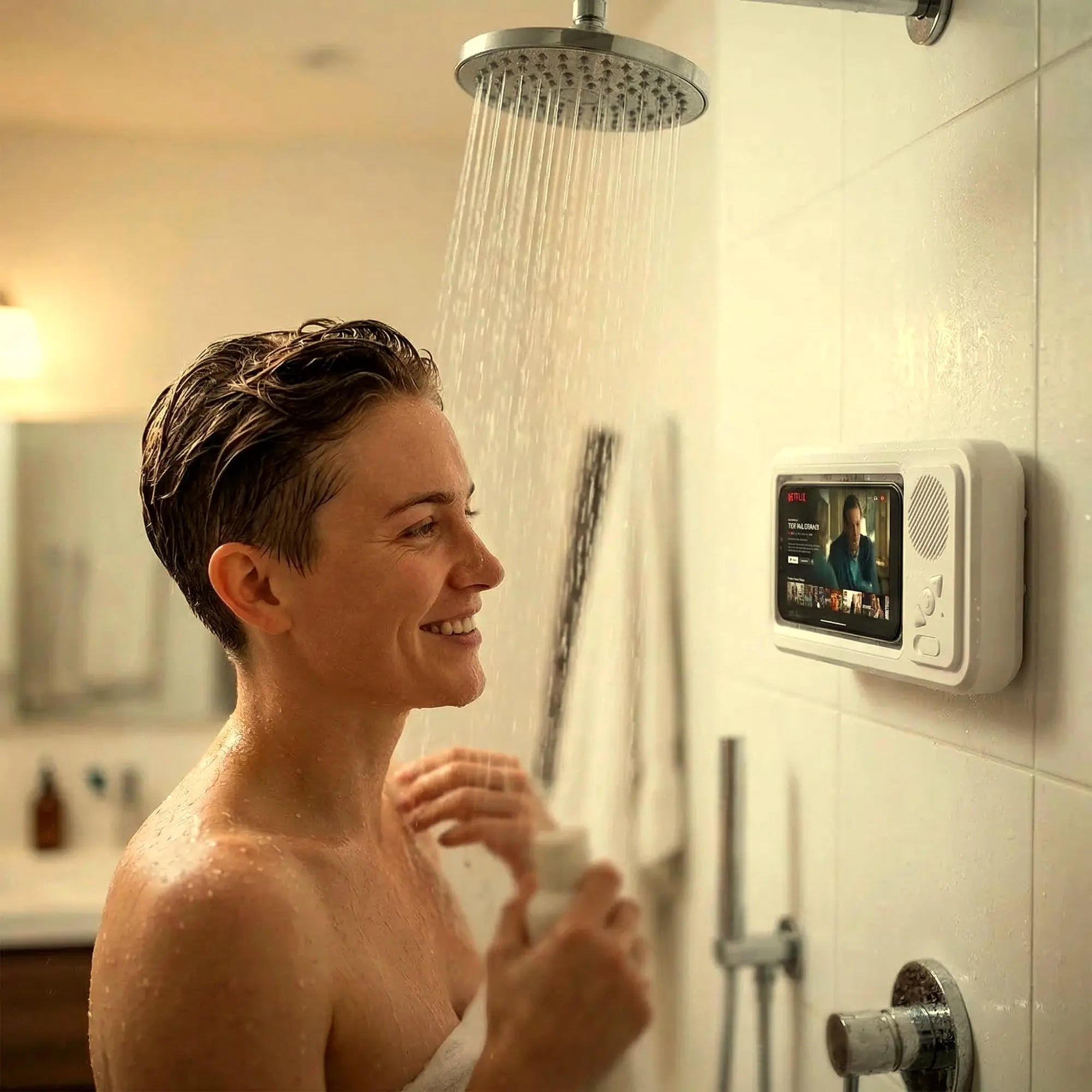 Femme souriante sous la douche regardant un film sur l'AquaPod 360, enceinte Bluetooth étanche waterproof fixée au carrelage blanc, rotation 360°, mains libres
