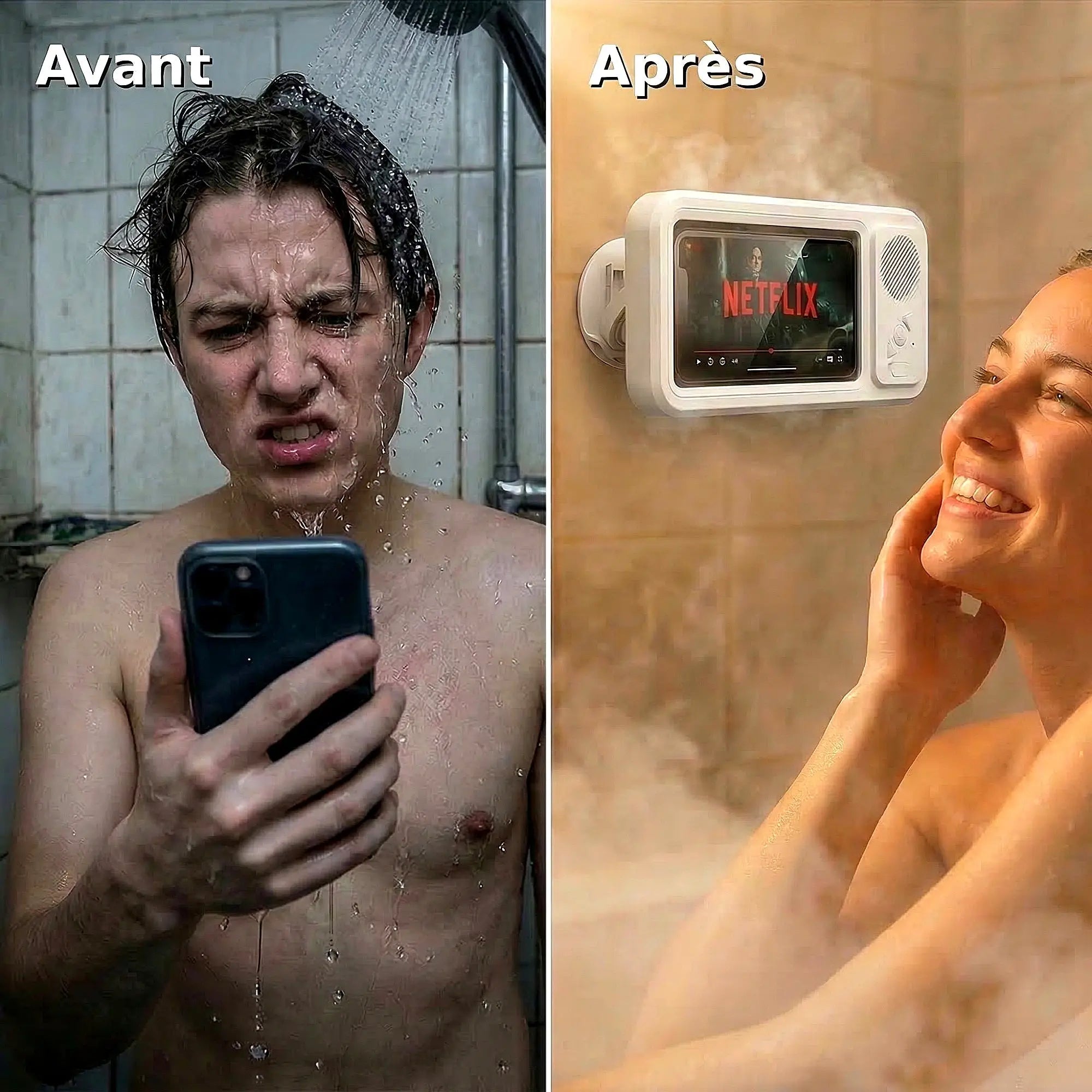 Avant/Après AquaPod 360 : homme qui tient son téléphone mouillé sous la douche avec une grimace, versus femme qui regarde Netflix mains libres grâce à l'enceinte étanche AquaPod 360 fixée au mur